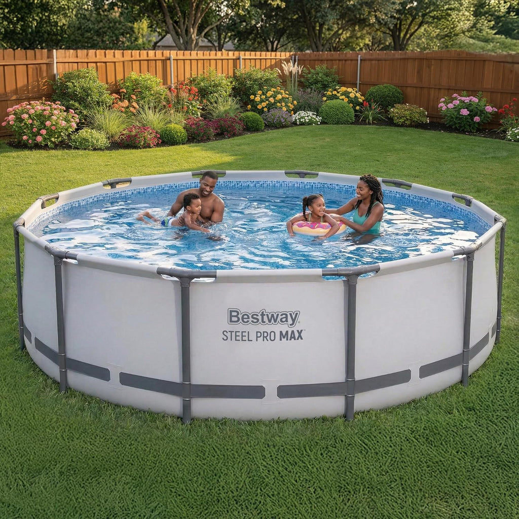 Bestway Steel Pro MAX 14' x 42' Above Ground Pool, Round Metal Frame Outdoor Swimming Pool Set with Filter Pump, Ladder, and Cover, Gray