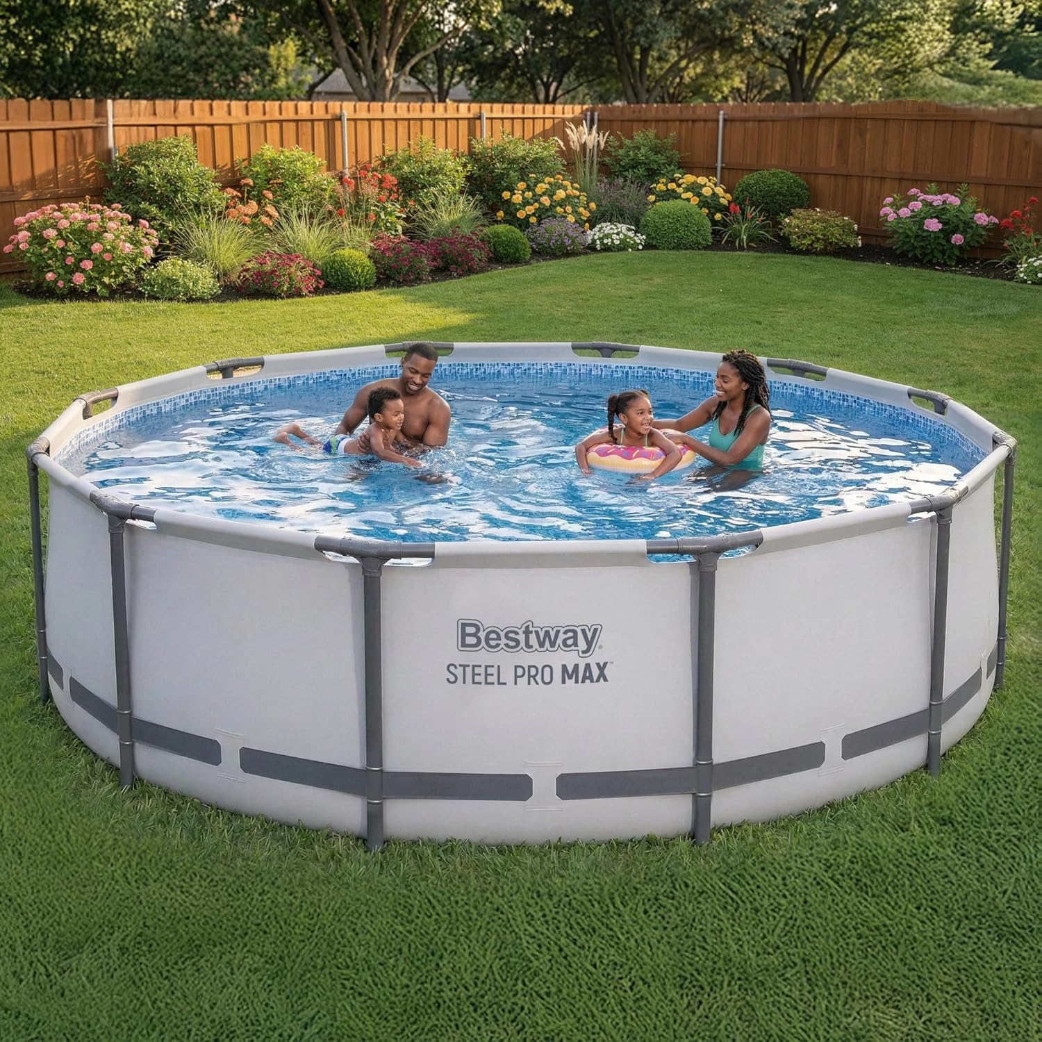 Bestway Steel Pro MAX 14' x 42' Above Ground Pool, Round Metal Frame Outdoor Swimming Pool Set with Filter Pump, Ladder, and Cover, Gray