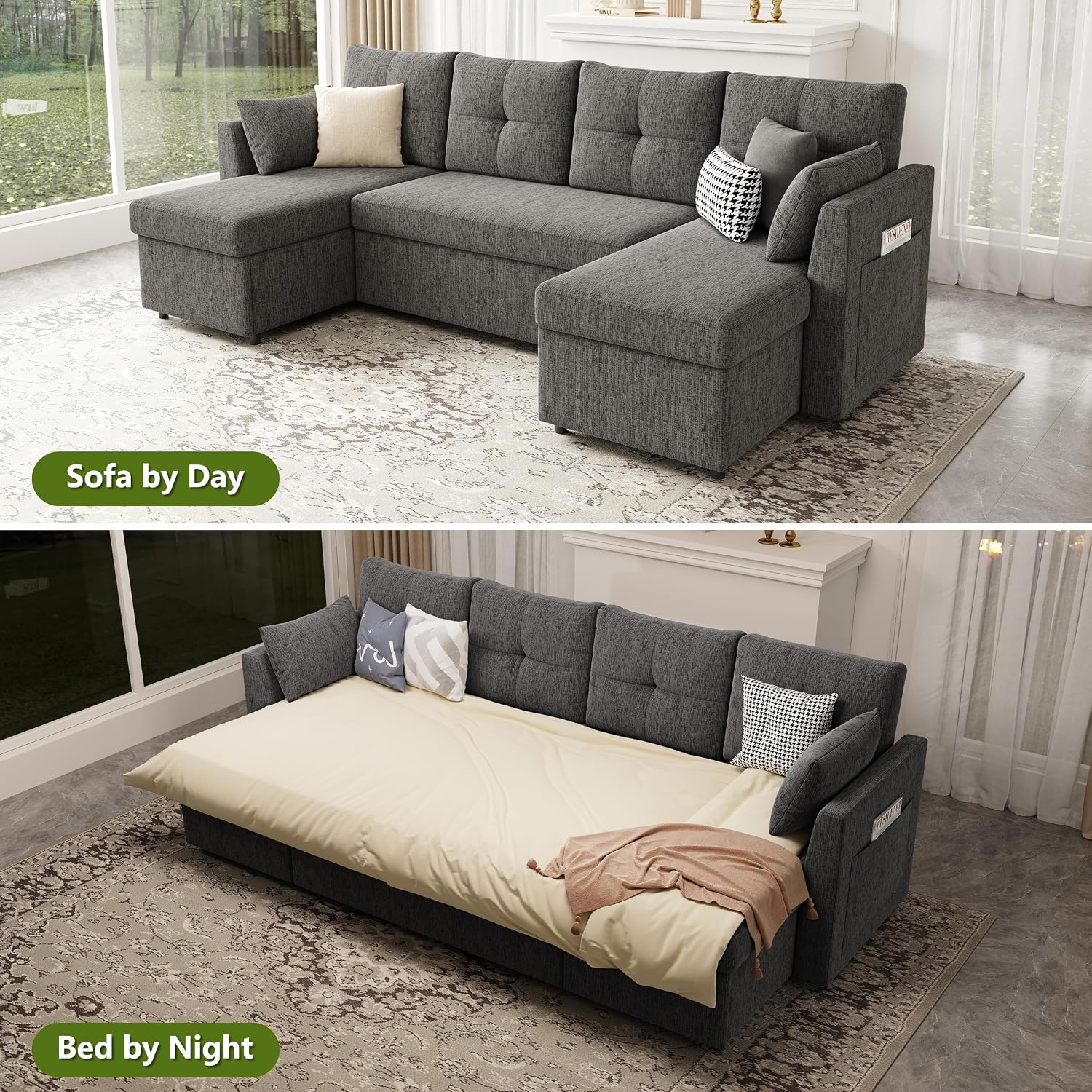 Huatean Home Oversized Sleeper Couch Sofa, 110 inch 2 in 1 Pull Out Couch with Double Storage Chaise, Sectional Sleeper Sofa Bed with Side Pocket for Living Room, Dark Grey