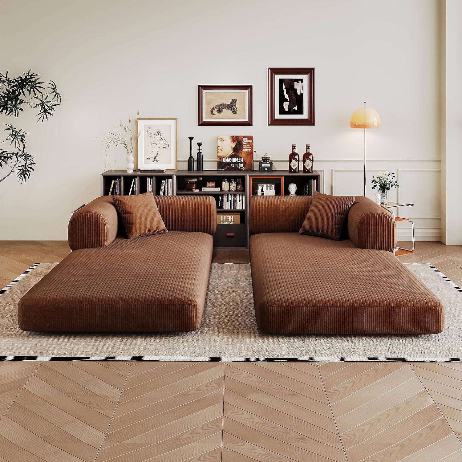 Ball & Cast 78.8' No-Assembly Compressed Sofa Bed, Convertible Floor Futon Couch with Pillow Backrest & Armrest, Boneless Modular Sleeper Sofa in Corduroy for Living Room Bedroom, Brown