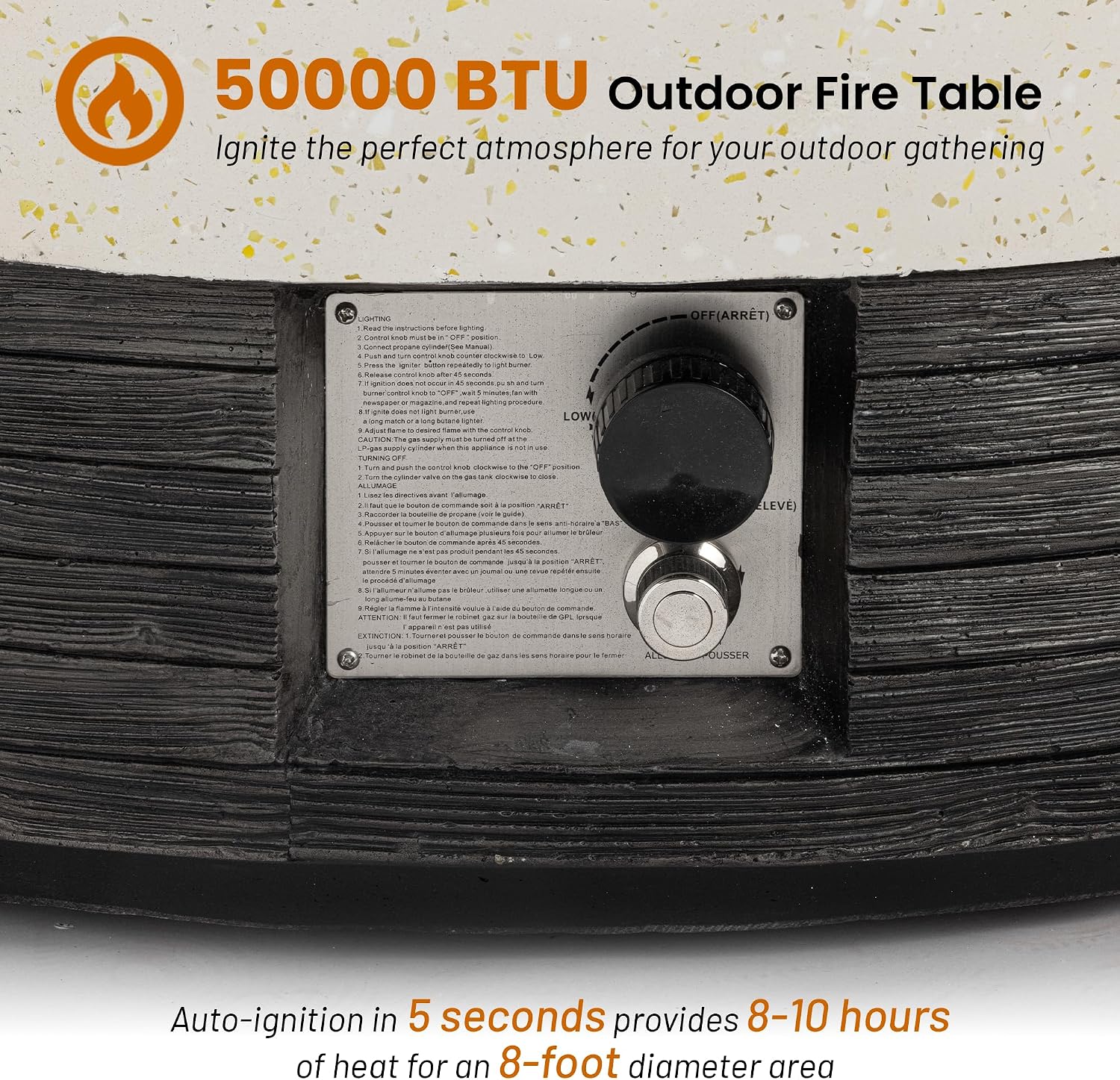41inch Round Propane Fire Pit Table-Black & White Magnesium Oxide Design,50000 BTU Heat,with 20 Gallon Tank Cover, Glass Wind Guard & Waterproof Cover