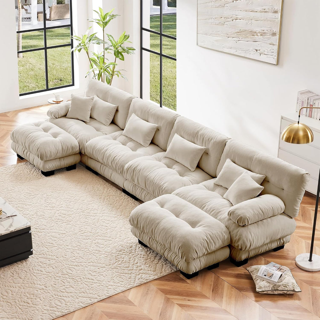 Modular Sectional Sofa, Comfy Cloud Couch 4 Seater Couch with Ottoman, Sectional Couches for Living Room, Modern Chenille U Shaped Couches, Sleeper Deep Seat Sofa with 6 Pillows, Light Coffee