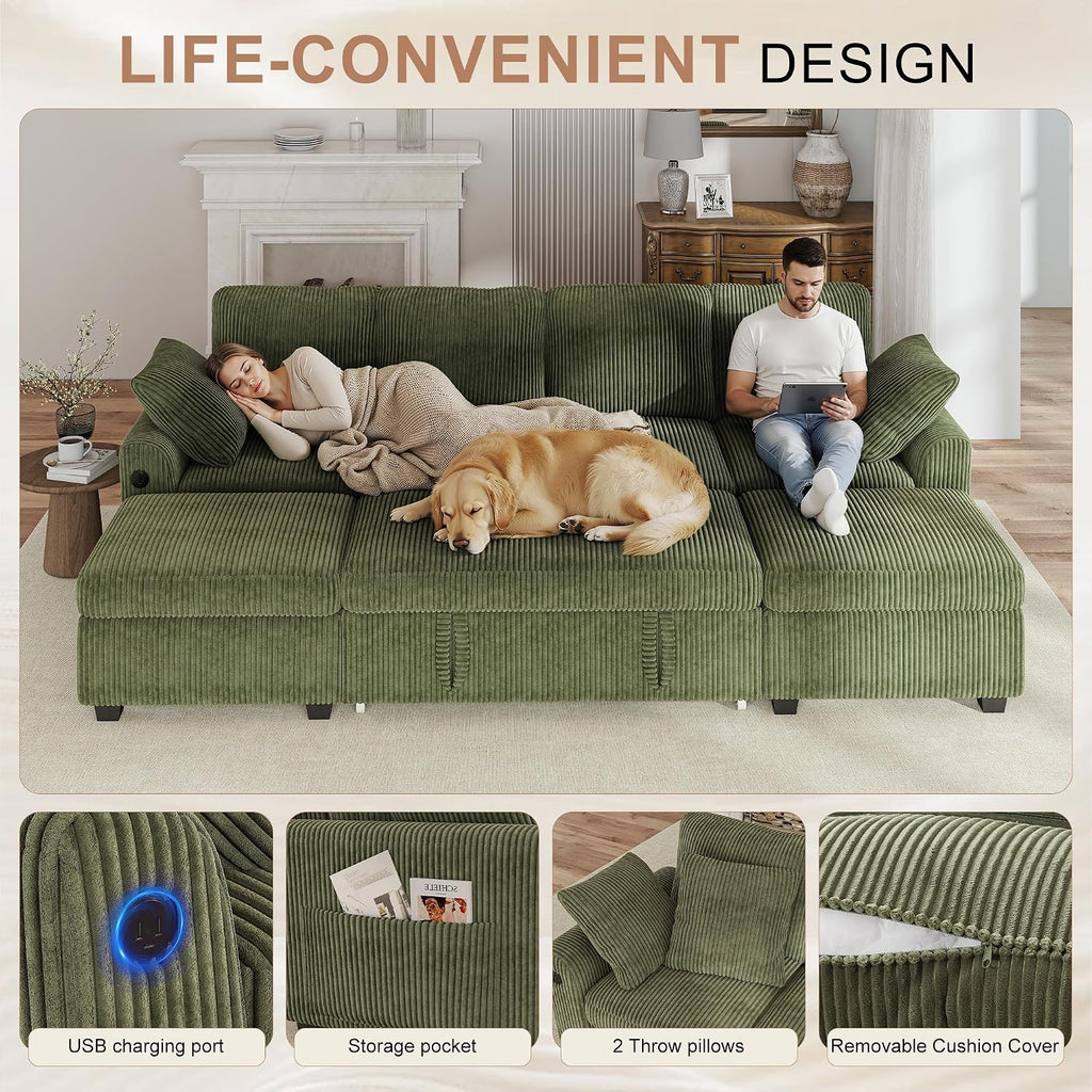 Hanherry 104' Sectional Couch with Pull Out Sofa Bed,Corduroy Sleeper Sofa with Storage Ottoman & USB Charging,Comfy U Shaped Modular Couches for Living Room,Apartment