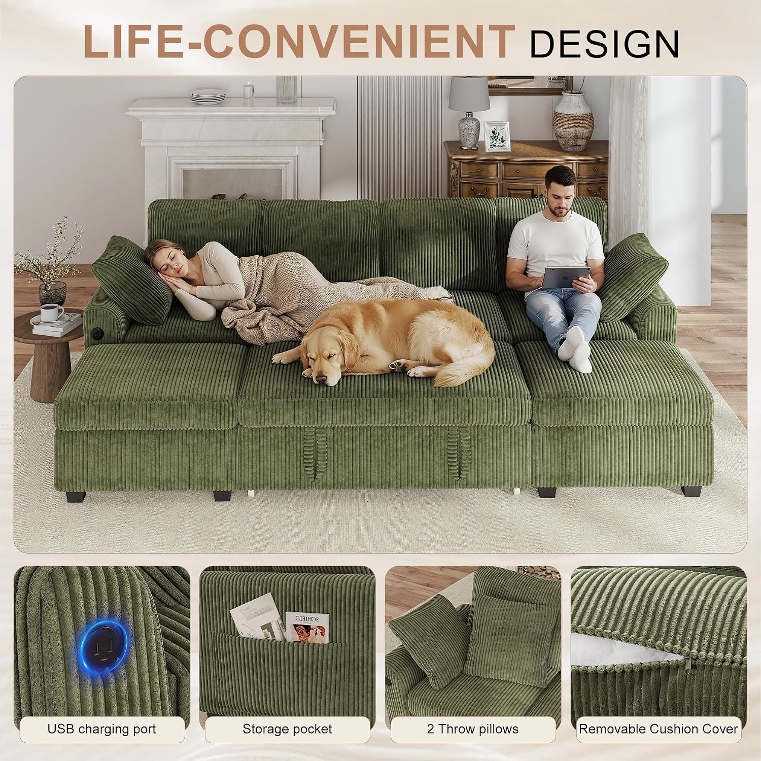 Hanherry 104' Sectional Couch with Pull Out Sofa Bed,Corduroy Sleeper Sofa with Storage Ottoman & USB Charging,Comfy U Shaped Modular Couches for Living Room,Apartment