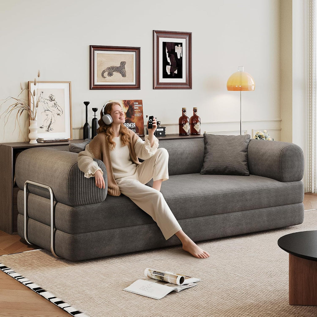Ball & Cast 78.8' Compressed Modular Sofa Bed, No-Assembly Convertible Floor Futon Couch with Pillow Backrest & Armrest Support, Boneless Corduroy Sleeper Sofa for Living Room & Bedroom, Grey