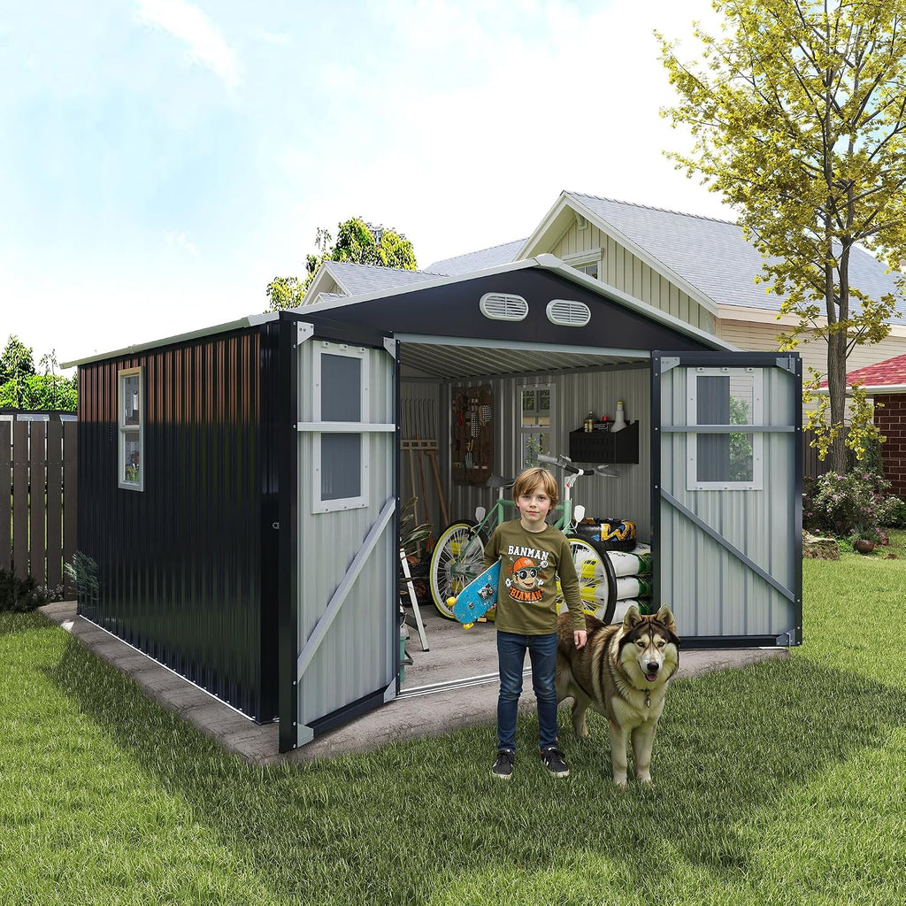 Metal Outdoor Storage Shed, 8x8 ft with Lockable Doors, Four Daylight Windows, Screened Vents, 120 sq ft Storage Space, Outdoor Garden Room ，Outdoor Pet Room (Dark Gray 8x8FT)