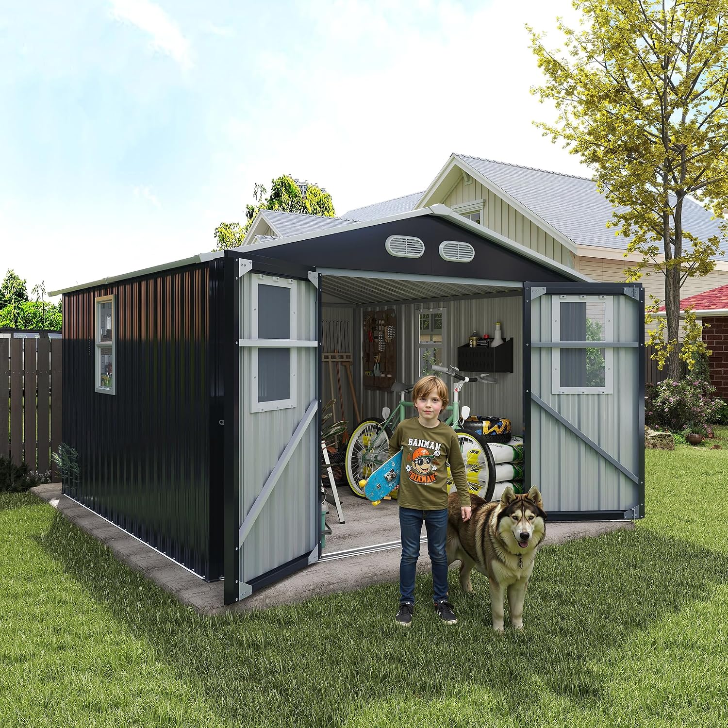 Metal Outdoor Storage Shed, 8x8 ft with Lockable Doors, Four Daylight Windows, Screened Vents, 120 sq ft Storage Space, Outdoor Garden Room ，Outdoor Pet Room (Dark Gray 8x8FT)