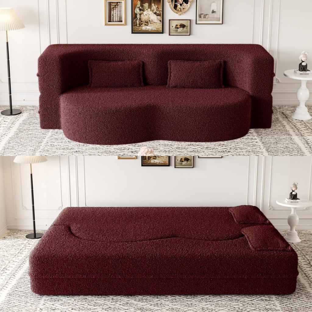 Ball & Cast 78' Floor Sofa Bed with 2 Pillows,Convertible Teddy Fabric Foam-Filled Sleeper Sofa Bed,Pull Out Couch Full Size Folding Mattress for Living Room,Playroom,No Assembly Required,Burgundy
