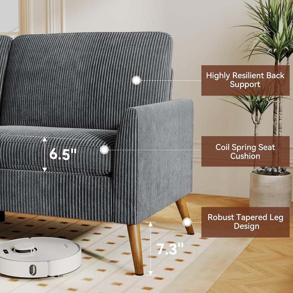 Vipbear 68' Loveseat Sofa - Dark Grey, Comfy Corduroy with Spring Cushion, Solid Wood Frame, Modern Deep Seat, Bedroom & Living Room, Office Small Couch