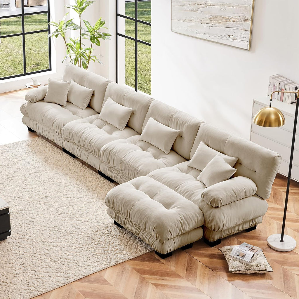 Modular Sectional Sofa 173.2' Cloud Couch, L Shaped Couch with Movable Ottoman, Modern Deep Seat Couches for Living Room, Oversized 4-Seater Sofa Comfy Chenille Sofas for Bedroom, Light Coffee