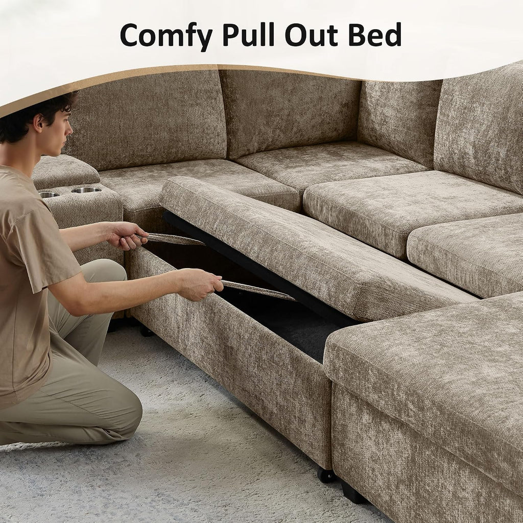 VANOMi 119 Inch Sectional Sleeper Sofa with Storage, 7 Seats Sofas & Couches with Pull Out Bed Chenille Modular Sectional Sofa for Living Room, Apartment, Camel | with Storage, with Pull Out Bed, with Chaise