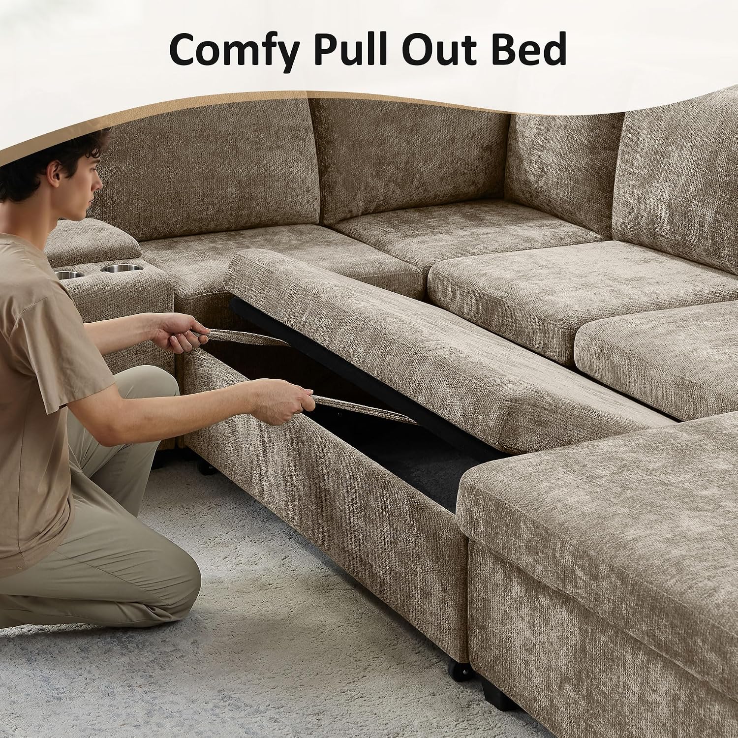 VANOMi 119 Inch Sectional Sleeper Sofa with Storage, 7 Seats Sofas & Couches with Pull Out Bed Chenille Modular Sectional Sofa for Living Room, Apartment, Camel | with Storage, with Pull Out Bed, with Chaise