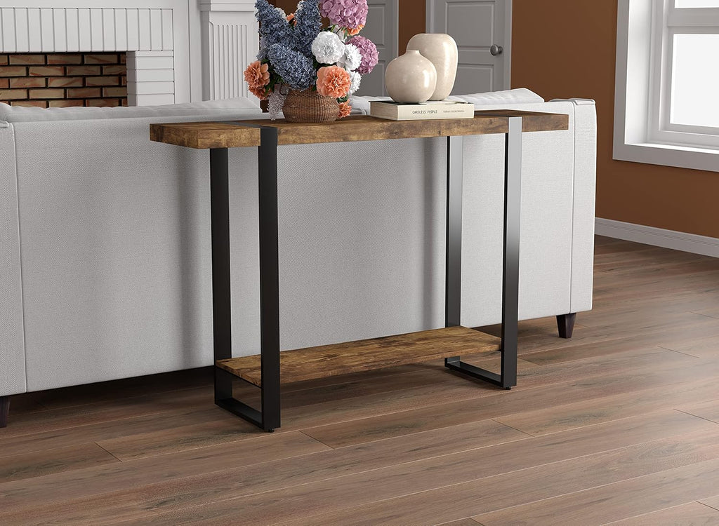 Console Table, 2-Layer Entryway Table, Console Tables for Entryway, Use As Doorway Table, Sofa Table, or Accent Furniture for Decorating Foyer 47 in Brown Reclaimed Wood Look Black Metal