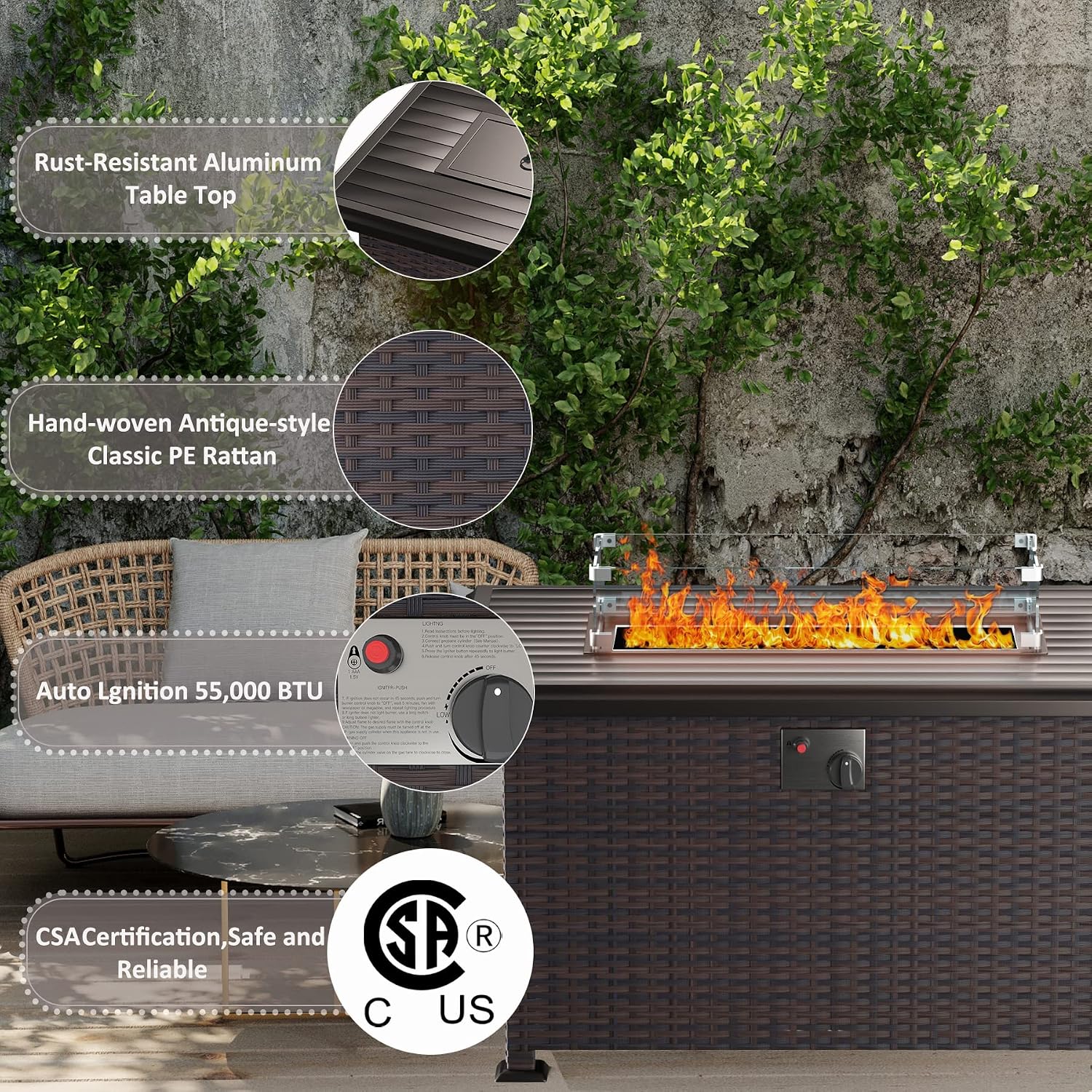 43' Propane Fire Pit Table 55,000 BTU, Gas Fire Pit with Glass Wind Guard and Metal Lid,CSA Certification Outdoor Fire Pit Auto-Ignition