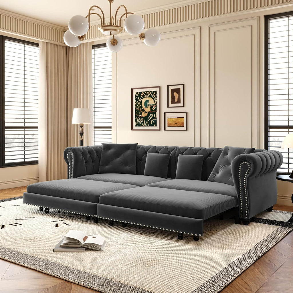 89' King Size Sleeper Sofa Bed, 3-in-1 Convertible Pull Out Chesterfield Sleeper Couch with Ottoman, Oversized Velvet Button Tufted L Shaped Sofa for Living Room Small Spaces, Grey