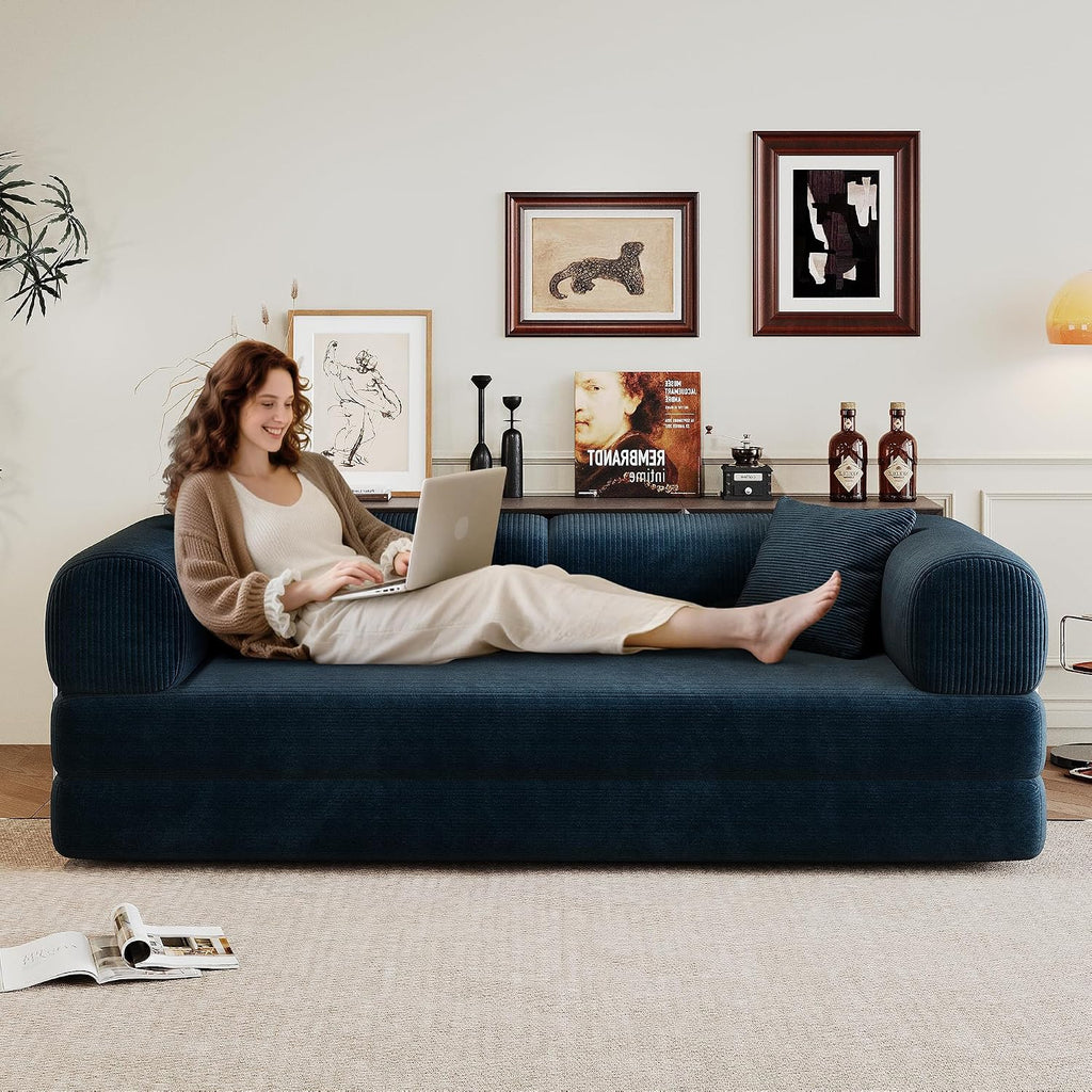 Ball & Cast 78' Convertible Floor Sofa Bed – 4-in-1 Modular Corduroy Sleeper with Fixed-Shape Support, No Assembly, Boneless Folding Couch with Armrests & Pillows – for Living Room, Apartments, Blue
