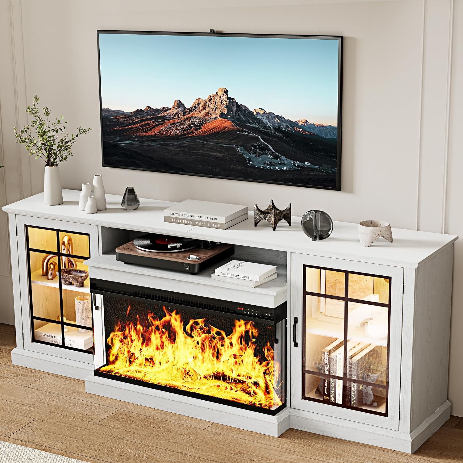 MXV 80'' Fireplace TV Stand, Farmhouse Entertainment Center with 3 Sided Glass TV Stand, Modern Media Console Table with Storage Drawers & Cabinets with LED Flame and Lights for Living Room, White
