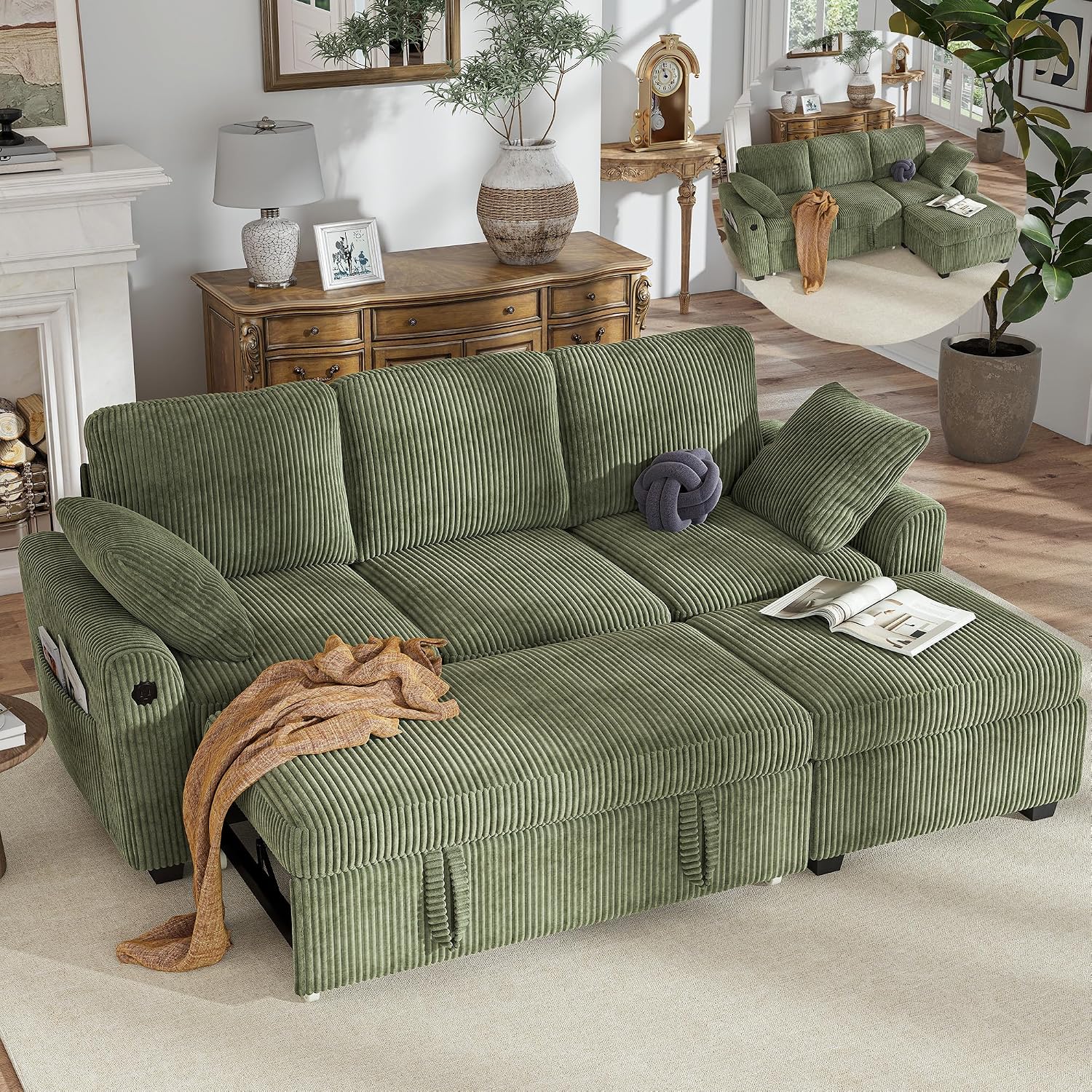 Hanherry 81' Sectional Couch with Pull Out Sofa Bed,Corduroy Sleeper Sofa with Storage Ottoman & USB Charging,Comfy L Shaped Modular Couches for Living Room,Apartment | USB charging port, side pockets, Corduroy fabric