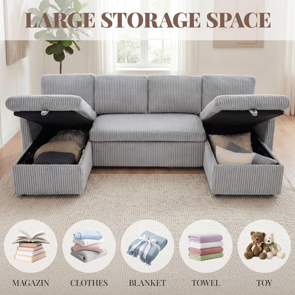 Huatean Home Oversized Sleeper Sofa Couch, 100 inch 2 in 1 Pullout Couch Bed with Side Pockets for Living Room, Sectional Sleeper Sofa Bed with Double Storage Chaise, CloudGrey