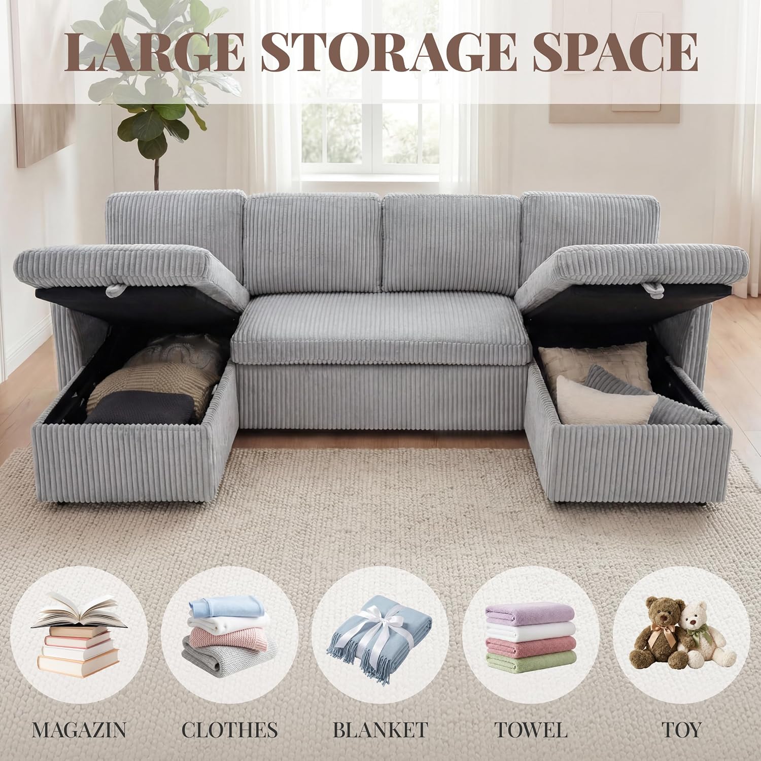 Huatean Home Oversized Sleeper Sofa Couch, 100 inch 2 in 1 Pullout Couch Bed with Side Pockets for Living Room, Sectional Sleeper Sofa Bed with Double Storage Chaise, CloudGrey