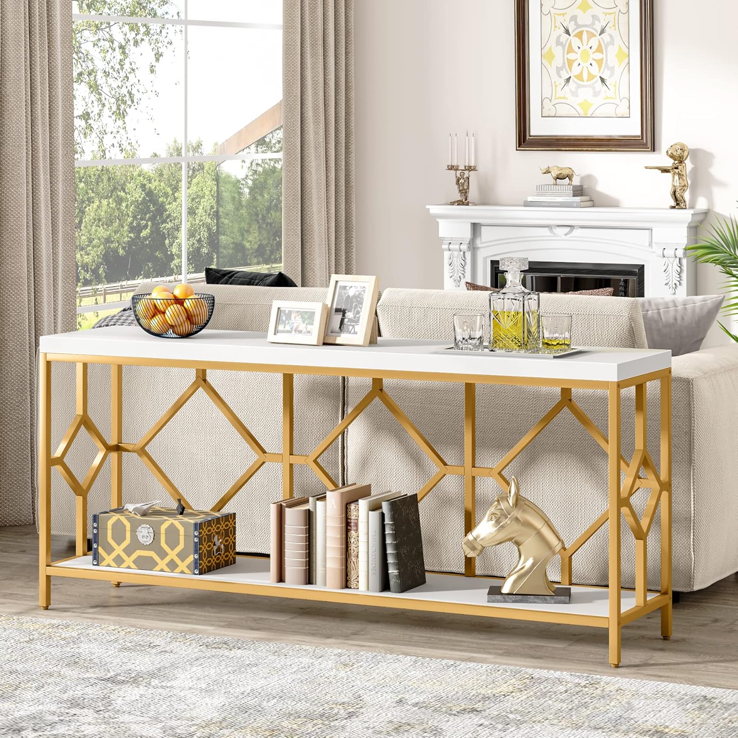 LITTLE TREE 70.9 Inch Extra Long Sofa Table, Industrial Narrow Long Sofa Tables Entry Table Behind Couch Table with Open Storage Shelf, White Gold