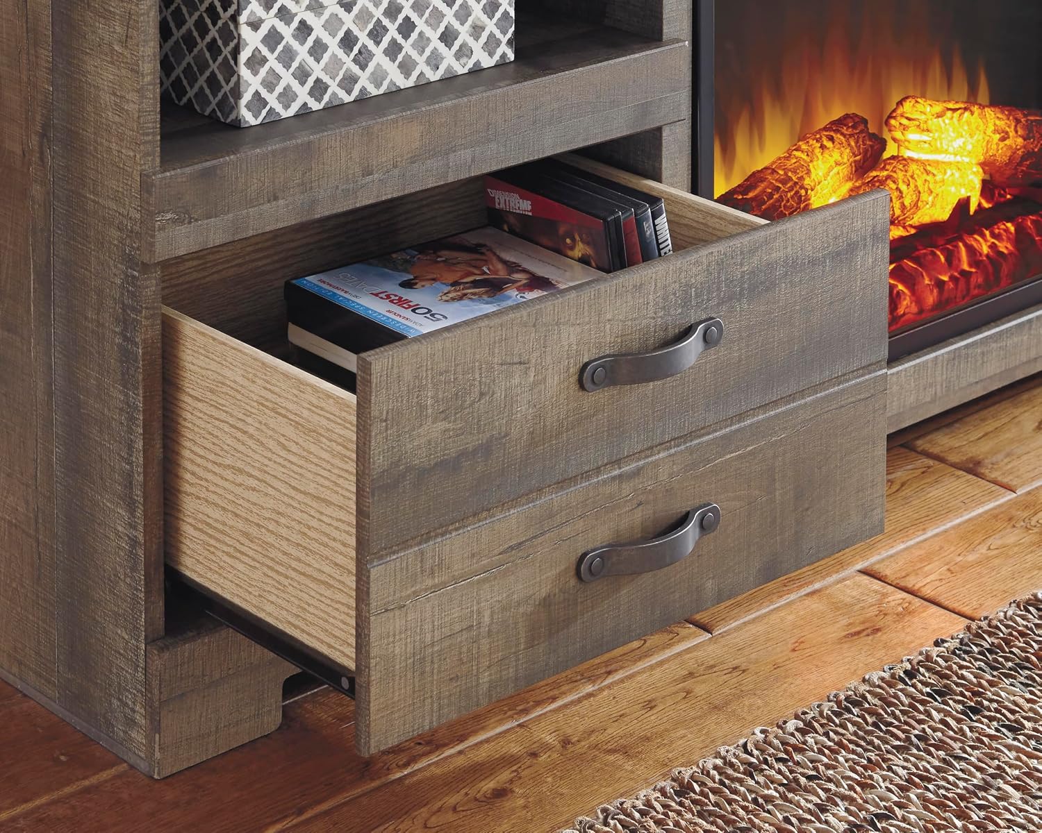 Signature Design by Ashley Trinell 63' TV Stand with Electric Fireplace, Rustic Wood Look Media Console with LED Flame Insert, Storage Drawers and Remote‑Controlled Heat for Warmth