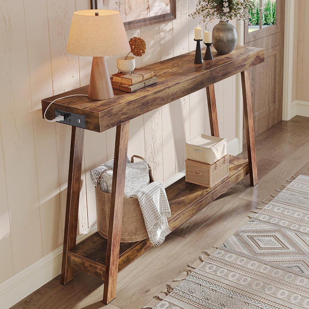 Huuger Console Table with Charging Station, USB-C Port, 2 Tiers Entryway Table, 53.9 Inch Sofa Table with Metal Legs, Entry Hallway Table with Thicker Desktop, Modern Behind Couch Table, Rustic Brown
