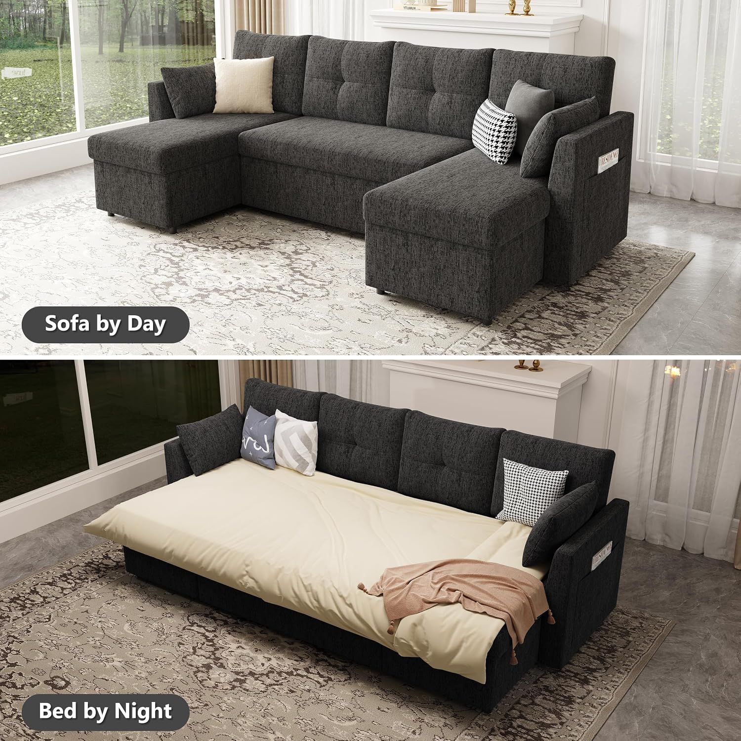 Huatean Home Oversized Sleeper Sofa Couch, 110 inch 2 in 1 Pullout Couch Bed with Side Pockets for Living Room, Sectional Sleeper Sofa Bed with Double Storage Chaise, Black