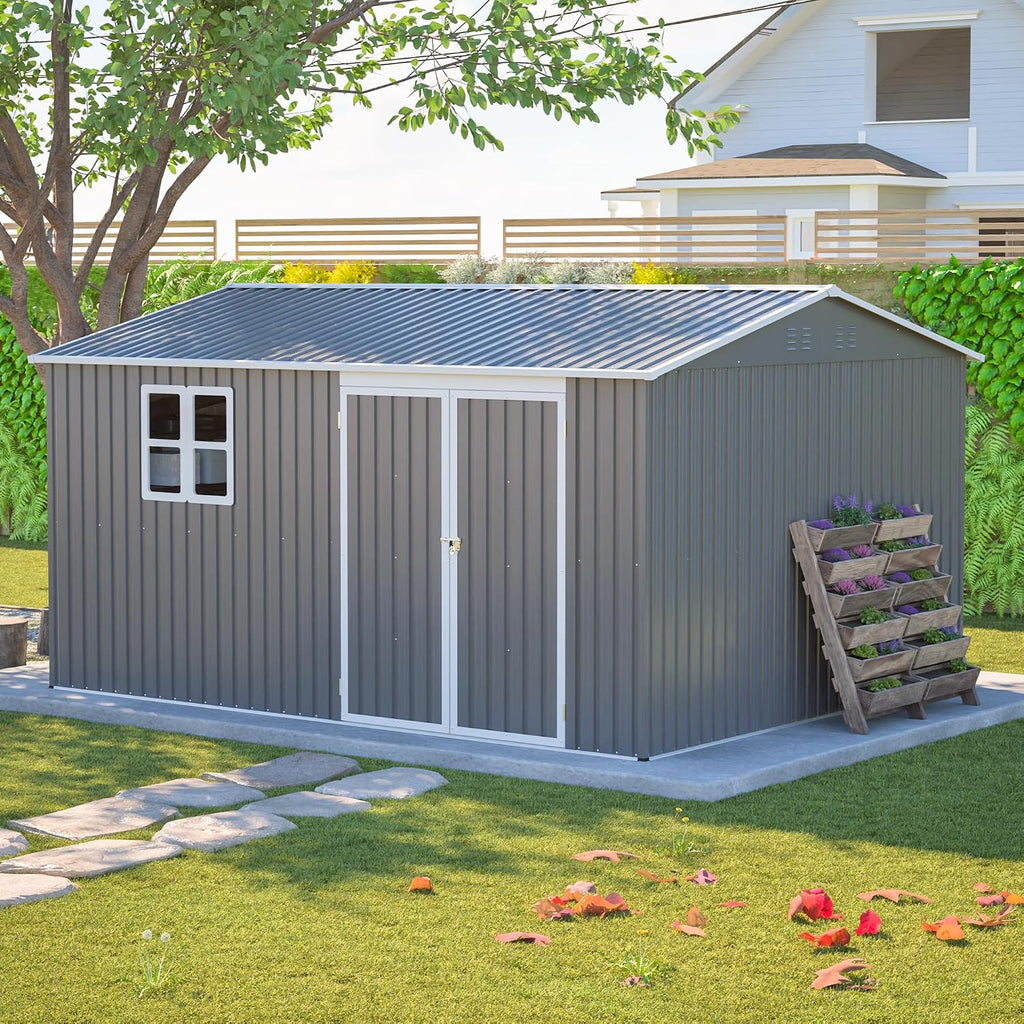12x10 FT Metal Outdoor Storage Shed, Large Waterproof Garden Tool Shed with Lockable Doors, Steel Utility Shed for Backyard, Patio, Lawn & Garden, Grey