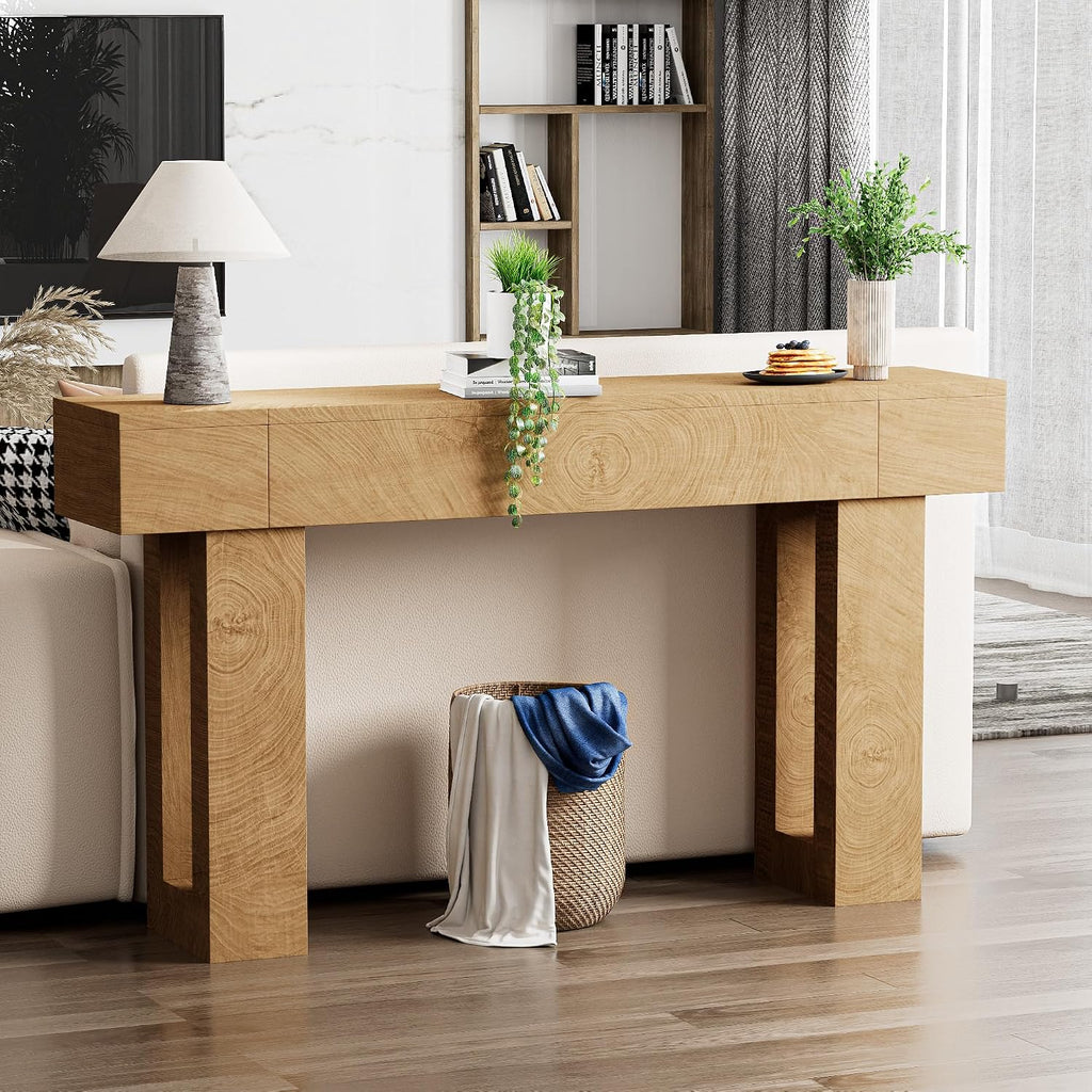 63 Inch Long Console Table, Narrow Rectangular Sofa Table Behind The Couch, Farmhouse Entryway Table for Entrance, Hallway, Living Room (Natural)
