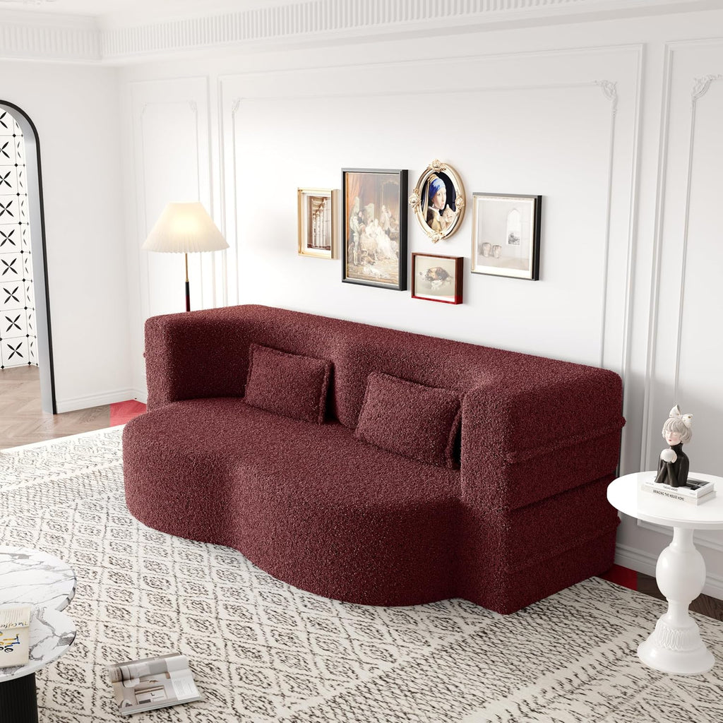 Ball & Cast 78' Floor Sofa Bed with 2 Pillows,Convertible Teddy Fabric Foam-Filled Sleeper Sofa Bed,Pull Out Couch Full Size Folding Mattress for Living Room,Playroom,No Assembly Required,Burgundy