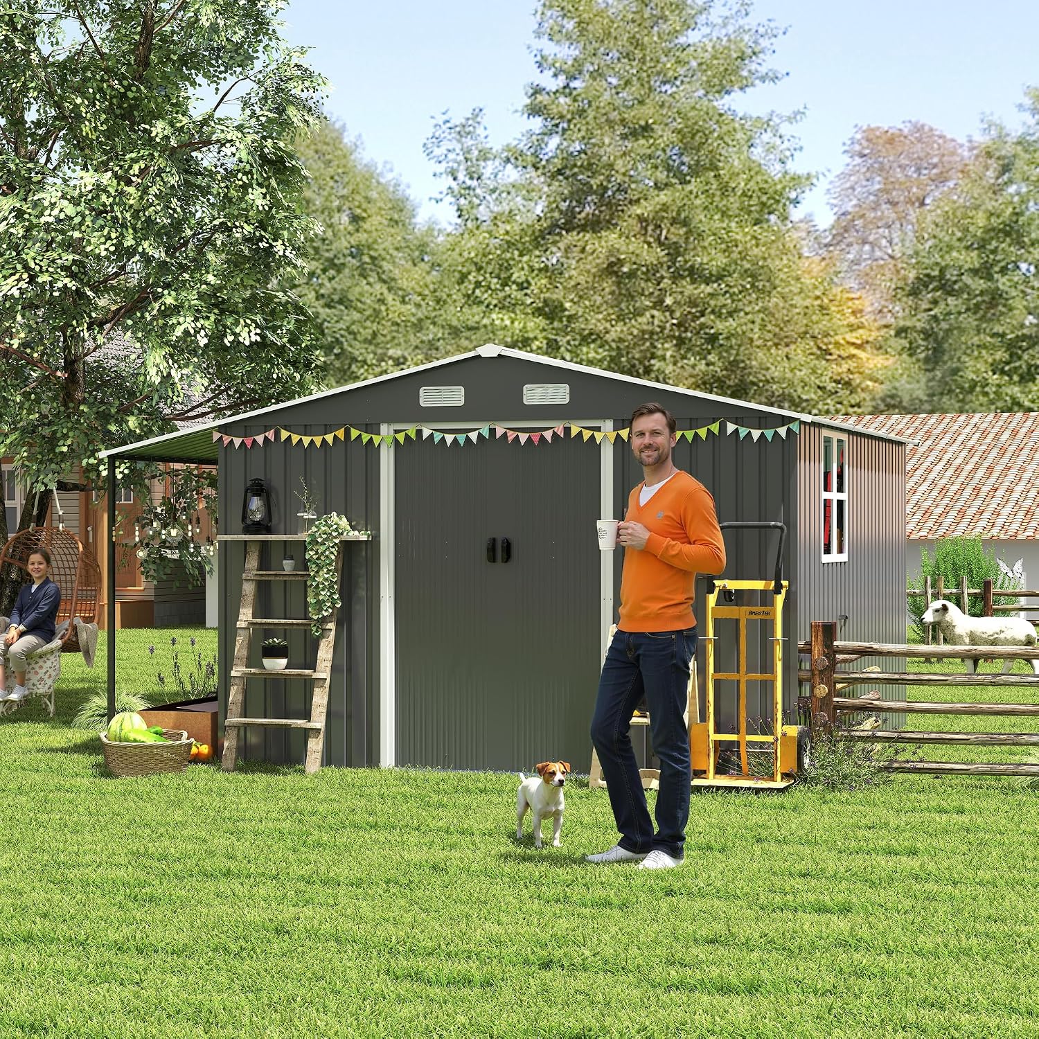KEIKI 10x12 FTOutdoor Storage Shed, Extra Large Metal Shed with Lockable Doors, Windows, Outside Steel Tiny House Ideal for Garden, Backyard, Patio Utility, Tool Storage, Chicken Coops, Dark Gray