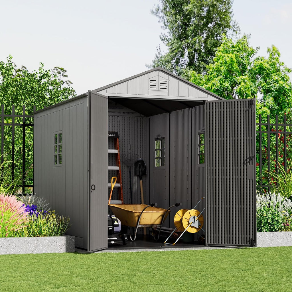 Mrosaa 6x8.6 FT Storage Shed with Floor,HDPE Resin Outdoor Storage Shed Weather Resistant,Lockable Garden Sheds with Windows for Home/Garden Tools/Backyard/Lawn Mower/Bike Storage(Gray)