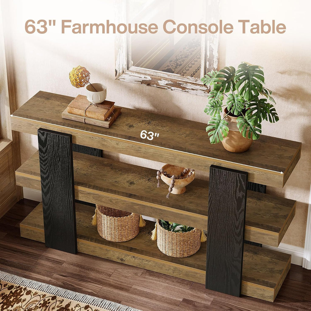 Tribesigns 63-Inch Long Console Table, 3-Tier Entryway Table with Storage, Farmhouse Wood Behind Couch Tables for Entryway, Living Room, Hallway, Rustic Brown & Black