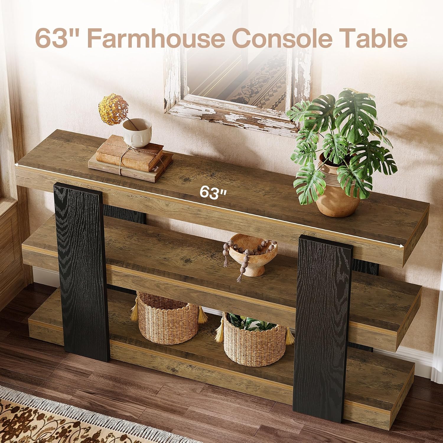 Tribesigns 63-Inch Long Console Table, 3-Tier Entryway Table with Storage, Farmhouse Wood Behind Couch Tables for Entryway, Living Room, Hallway, Rustic Brown & Black