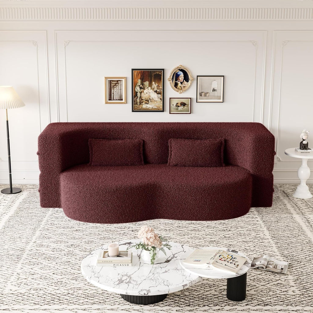 Ball & Cast 78' Floor Sofa Bed with 2 Pillows,Convertible Teddy Fabric Foam-Filled Sleeper Sofa Bed,Pull Out Couch Full Size Folding Mattress for Living Room,Playroom,No Assembly Required,Burgundy