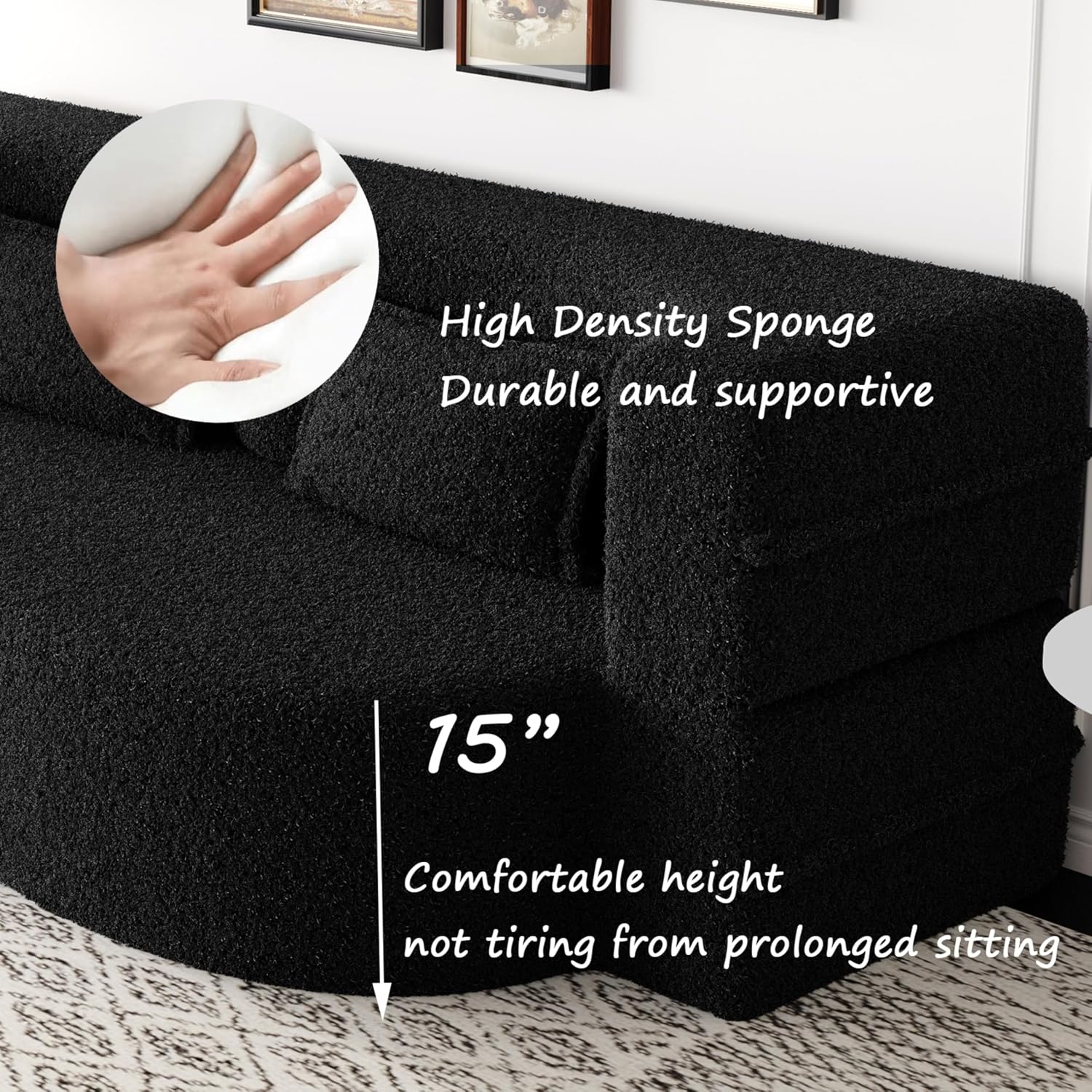 Ball & Cast 78' Floor Sofa Bed with 2 Pillows,Convertible Teddy Fabric Foam-Filled Sleeper Sofa Bed,Pull Out Couch Full Size Folding Mattress for Living Room,Playroom,No Assembly Required,Black