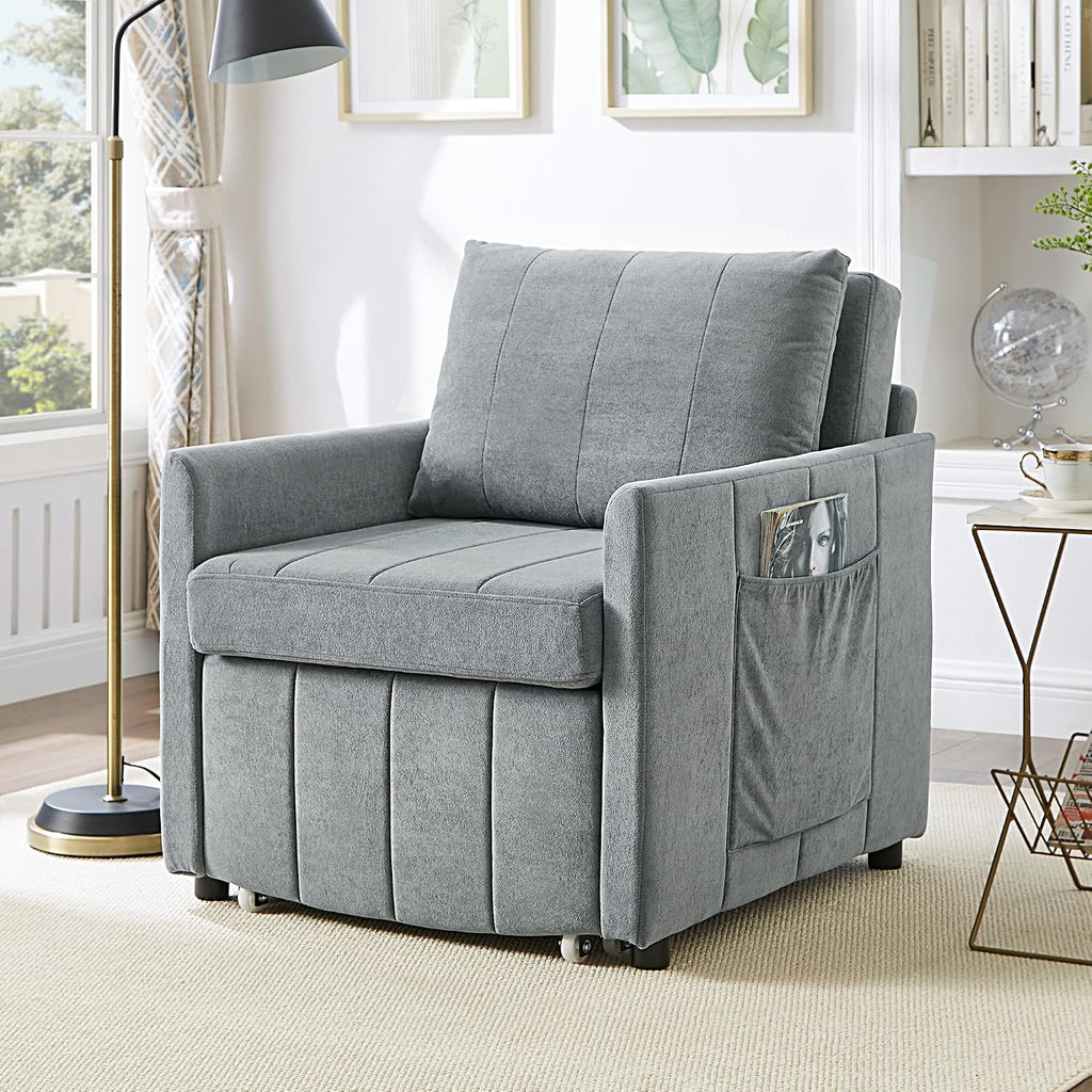 Ball & Cast 31.5' Convertible Pull-Out Sleeper Sofa Bed,Chenille Upholstered Pull Out Couch Chair,3 in 1 Single Sofa Chair W/Storage Basket and Side Pocket,Recliner Chaise Lounge for Living Room,Grey