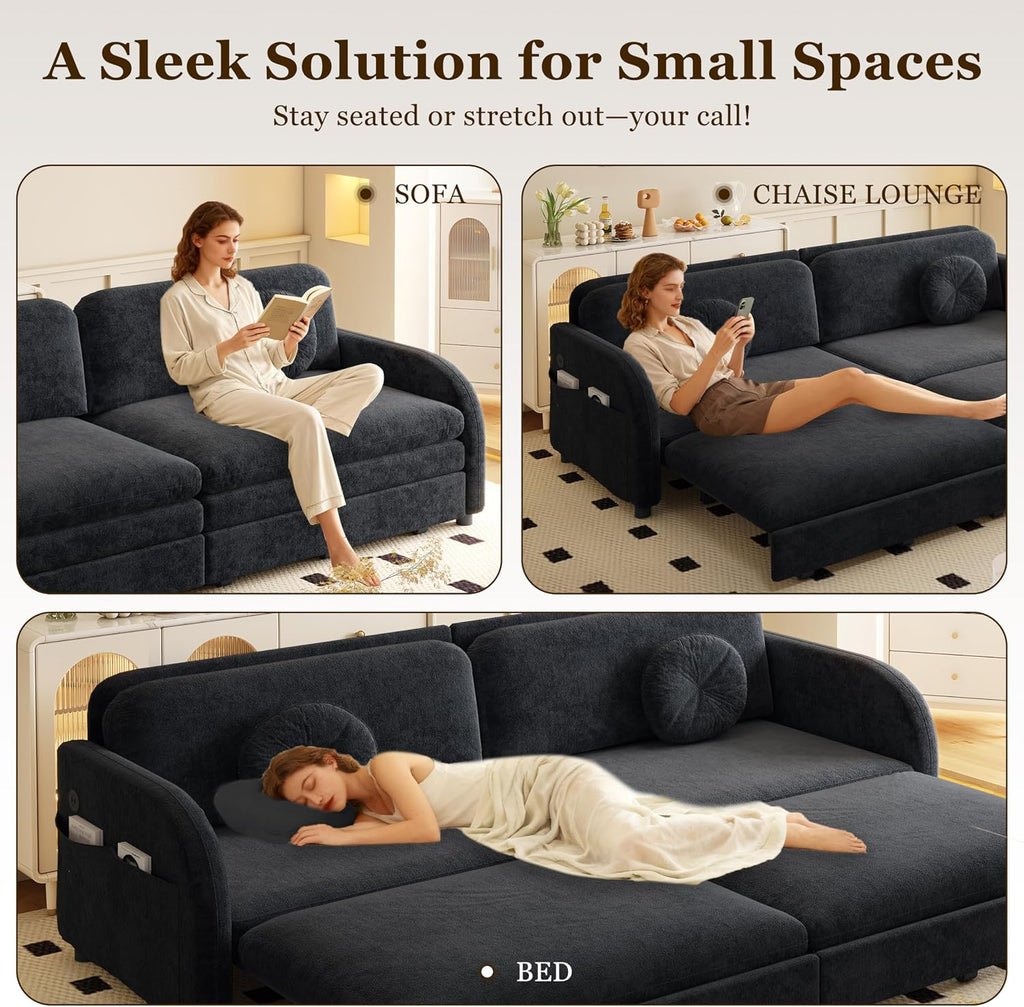 81.1'' Pull Out Couch Bed King Size, Chenille Sleeper Sofa Daybed, 3 in 1 Convertible Couches, Futon Sofa with 2 Pillows, Storage Pockets, USB, 3-Seater for Small Spaces, Living Room, Grey