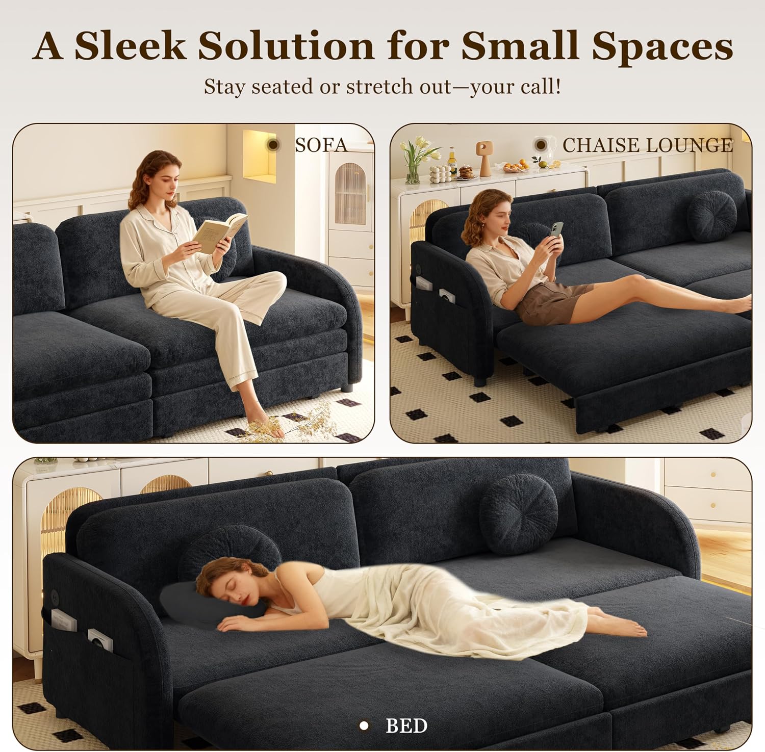 81.1'' Pull Out Couch Bed King Size, Chenille Sleeper Sofa Daybed, 3 in 1 Convertible Couches, Futon Sofa with 2 Pillows, Storage Pockets, USB, 3-Seater for Small Spaces, Living Room, Grey