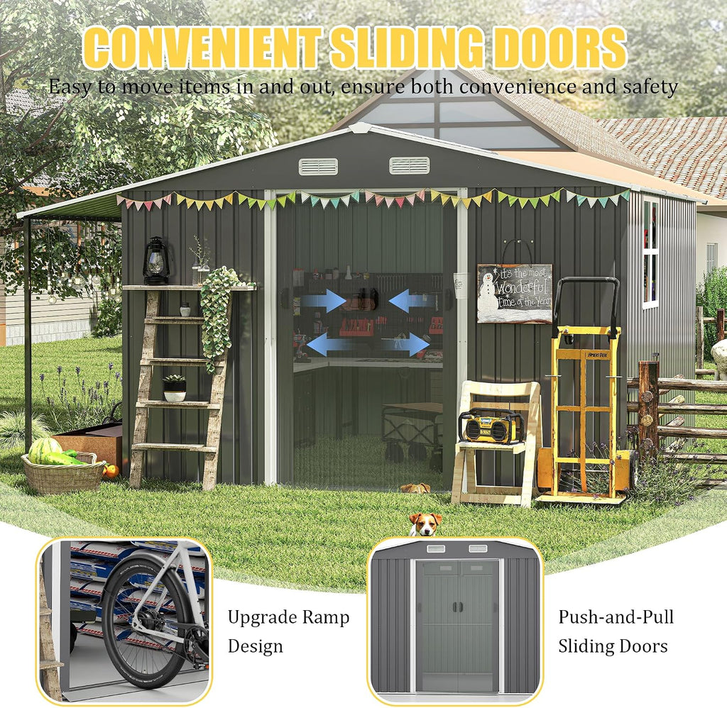 KEIKI 10x12 FTOutdoor Storage Shed, Extra Large Metal Shed with Lockable Doors, Windows, Outside Steel Tiny House Ideal for Garden, Backyard, Patio Utility, Tool Storage, Chicken Coops, Dark Gray