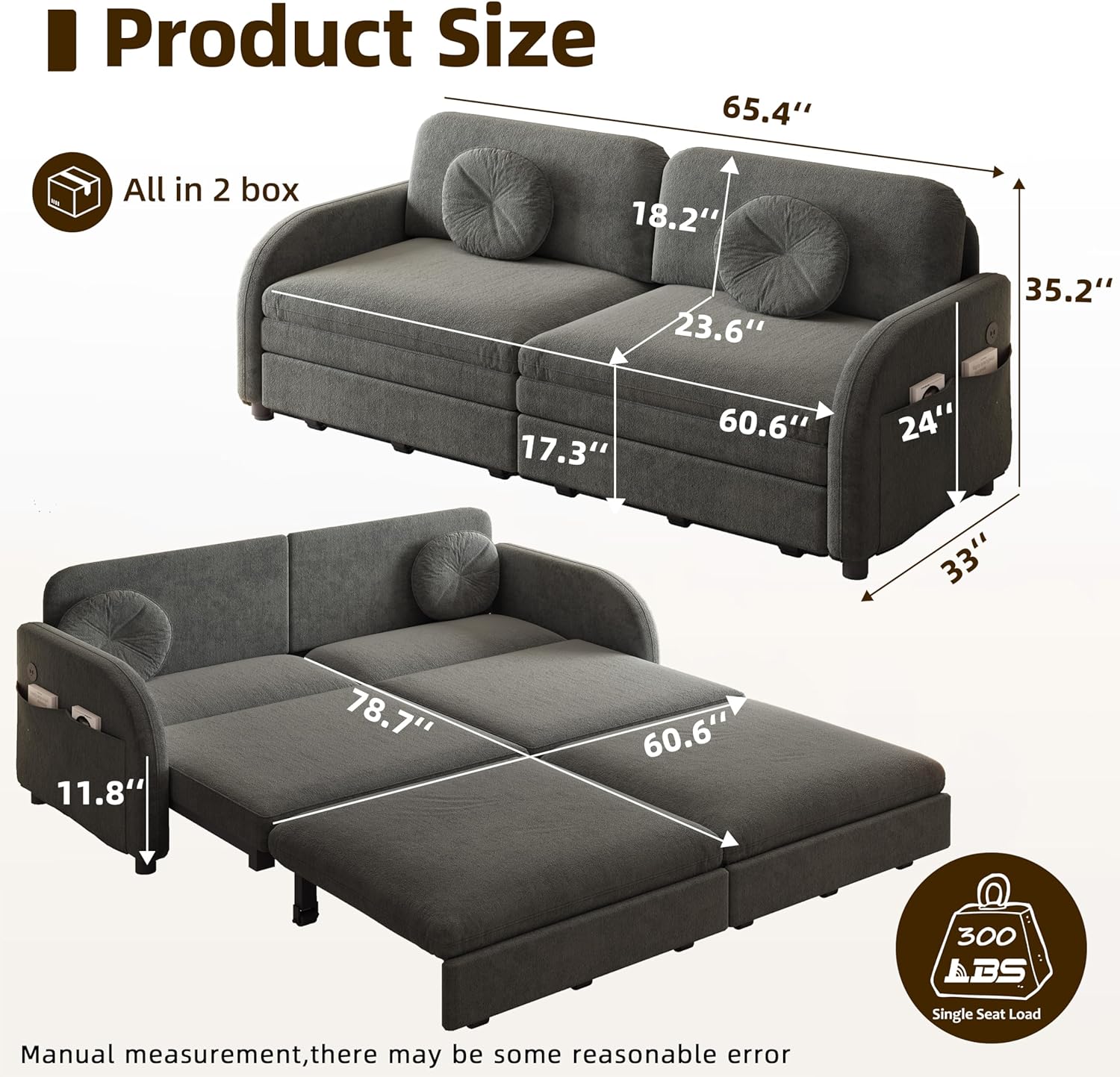 65.4'' Pull Out Couch Bed Queen Size, Chenille Sleeper Sofa Daybed, 3 in 1 Convertible Couches, Futon Sofa with 2 Pillows, Storage Pockets, USB, Loveseat for Living Room, Small Spaces, Grey