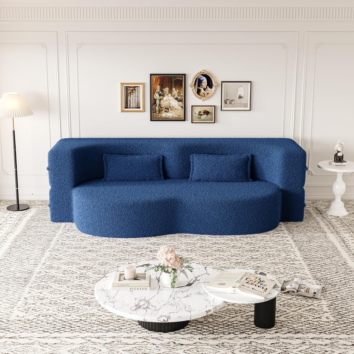 Ball & Cast 78' Floor Sofa Bed with 2 Pillows,Convertible Teddy Fabric Foam-Filled Sleeper Sofa Bed,Pull Out Couch Full Size Folding Mattress for Living Room,Playroom,No Assembly Required,Blue