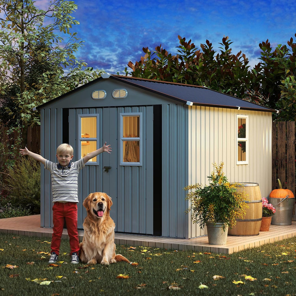 Metal Outdoor Storage Shed, 8x8 ft with Lockable Doors, Four Daylight Windows, Screened Vents, 120 sq ft Storage Space, Outdoor Garden Room ，Outdoor Pet Room (White 8x8FT)
