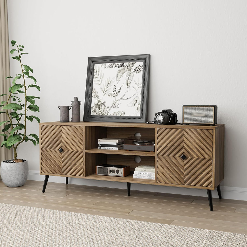 Smuxee Walnut TV Stand with Fluted Diamond Doors, 55.12' Mid Century Modern TV Media Console for TVs up to 65', TV Cabinet with Adjustable Shelf & 2 Cabinets for Living Room