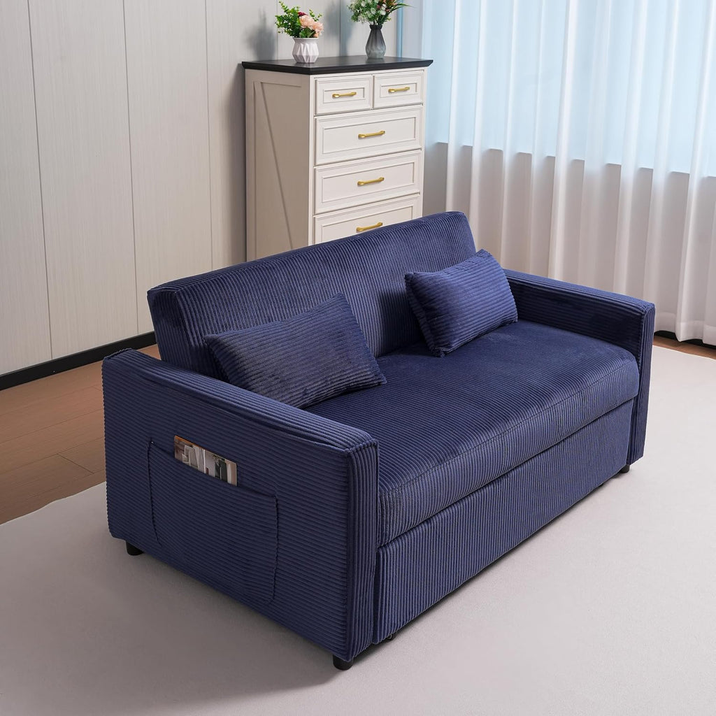 Ball & Cast 55' 3 in 1 Loveseat Futon Sofa-Bed,Convertible Pull Out Couch,Corduroy Upholstered Sleeper Sofa Bed with Adjustable Backrest,Side Pocket and 2 Pillows,Chaise Lounge for Living Room,Blue