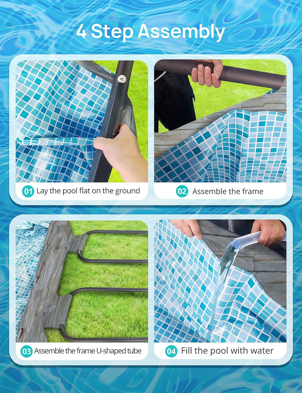 EVAJOY 32ft x 16ft x 52in Metal Frame Swimming Pool Set, Rectangular Above Ground Pool Cover with Sand Filter Pump, Pool Ladder, Ground Cloth for Backyard, Garden, PVC, Blue