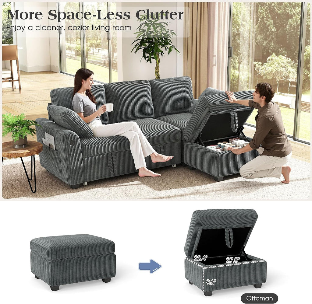 Ihanherry 81-inch Corduroy Modular Sectional Sofa Bed with Storage Ottoman & USB Port, Reversible 3-Seater L-Shaped Sleeper Sofa, Left or Right Fasing Chaise for Living Room（Gray）