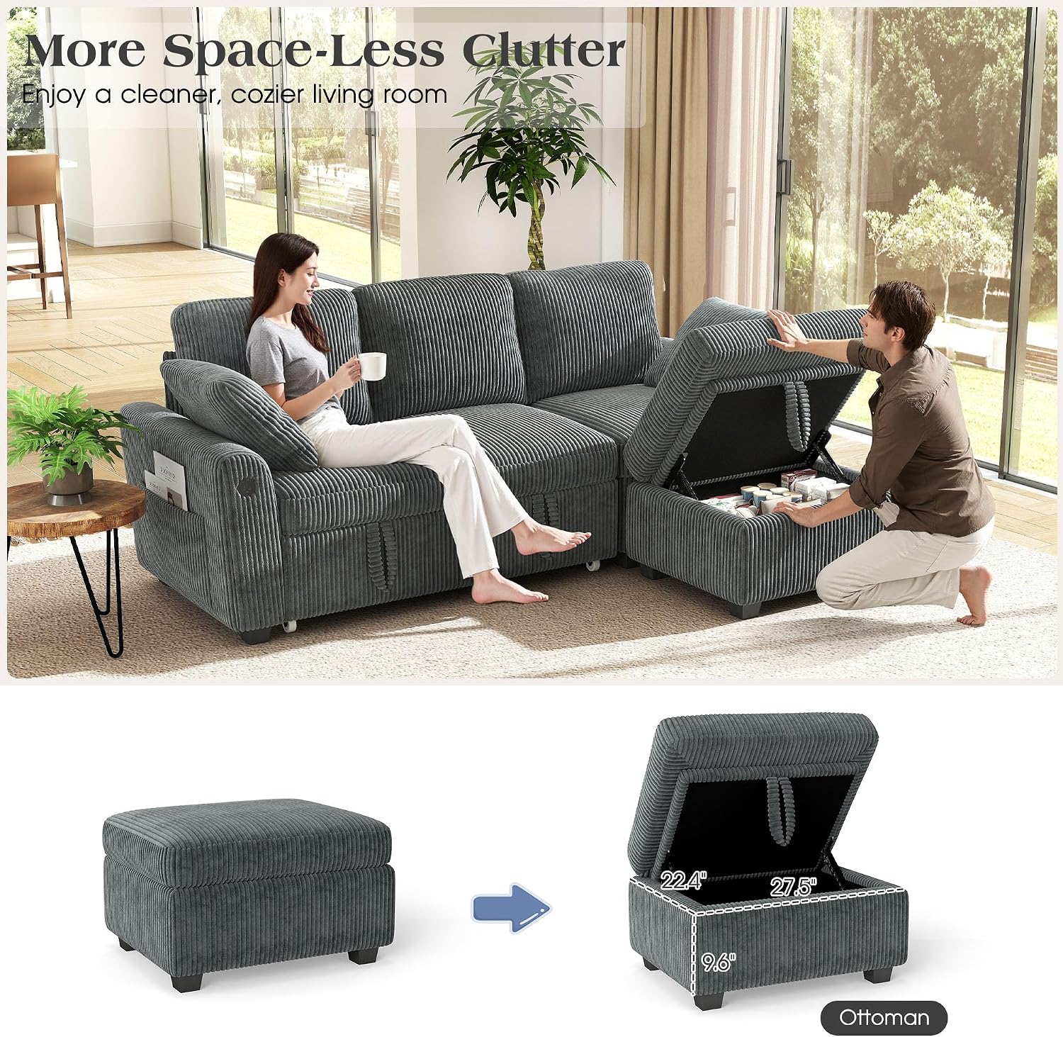 Ihanherry 81-inch Corduroy Modular Sectional Sofa Bed with Storage Ottoman & USB Port, Reversible 3-Seater L-Shaped Sleeper Sofa, Left or Right Fasing Chaise for Living Room（Gray）