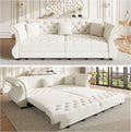 97.6' King Size Sleeper Sofa Bed, 3-in-1 Convertible Pull Out Chesterfield Sleeper Couch, Oversized Velvet Flower Button Tufted 4-Seat Sofa for Living Room Apartment, Beige White